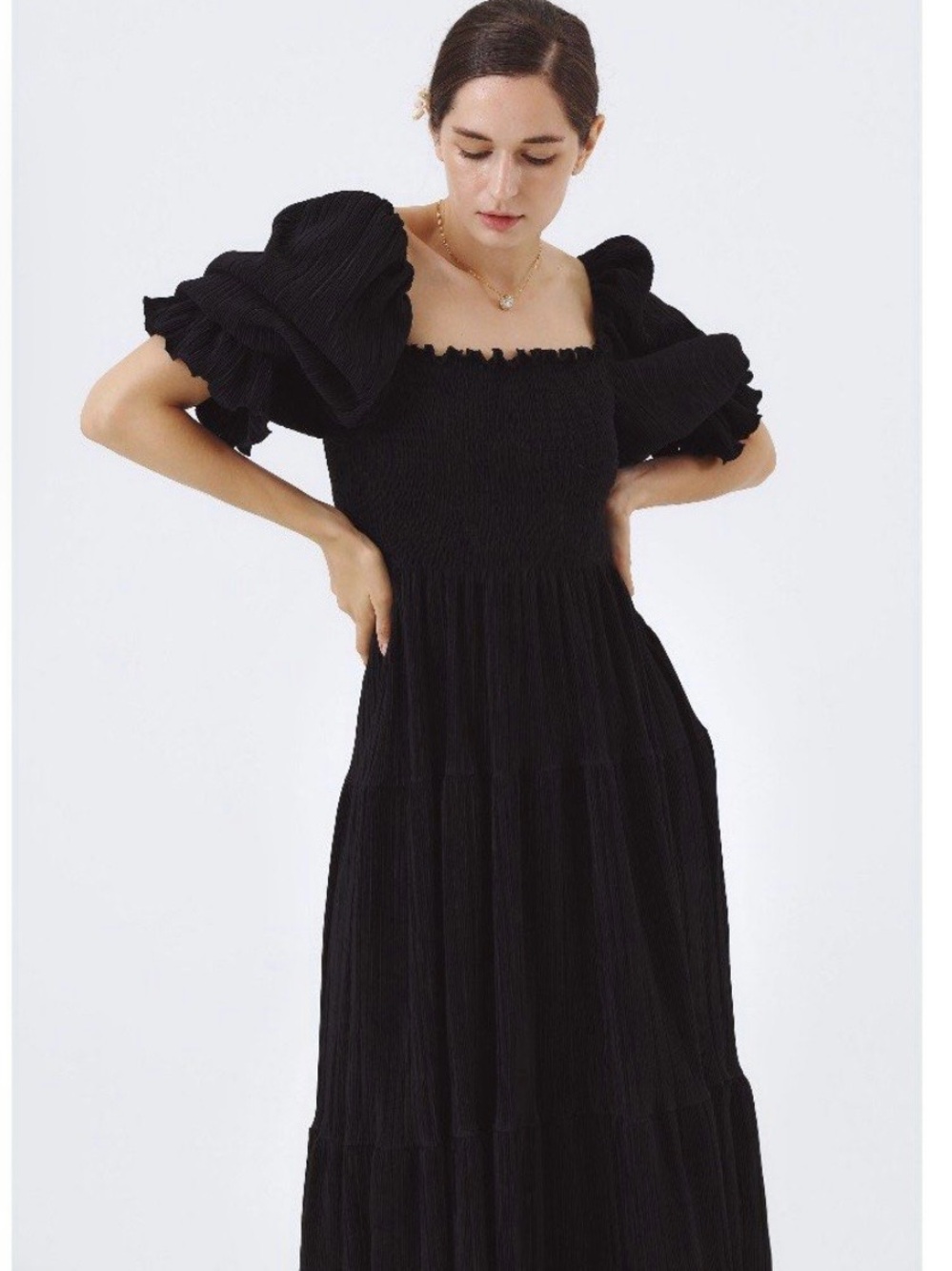 Black Puff-Sleeve Smocked Maxi Dress